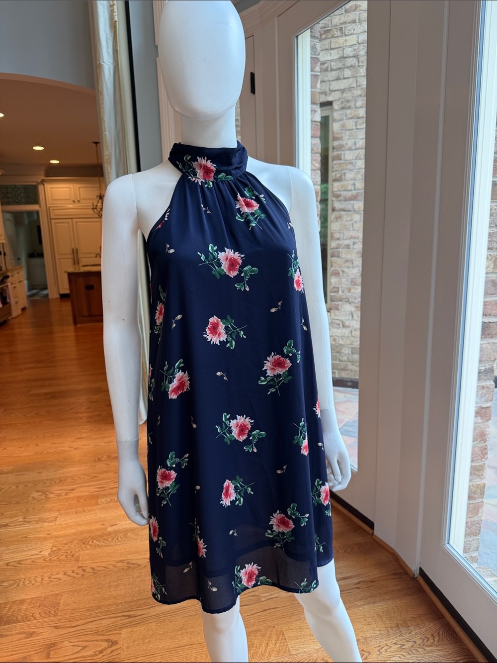 Lush Navy Floral Halter Dress with Pink Flowers